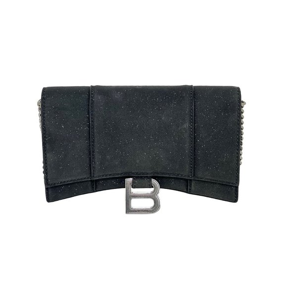 BALENCIAGA Hourglass Wallet On Chain Black Glitter Clutch Shoulder Bag - Picture 1 of 16
